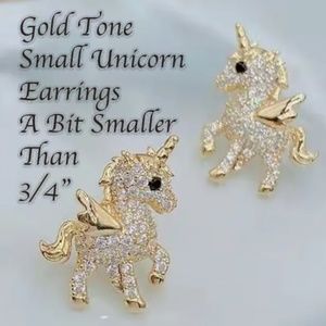 Unicorn Earrings Matte Gold-Plated – Synthetic Stones Shine - NWT about 3/4"